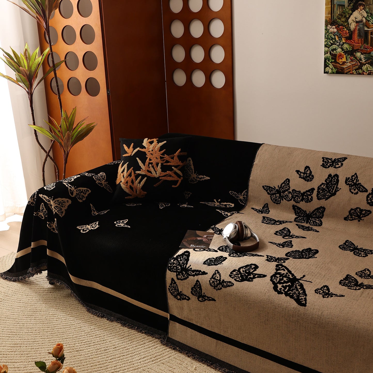 Butterfly Jacquard Soft Couch Blankets Cover for Couch Reversible Modern Sofa Slipcover Throw Covers