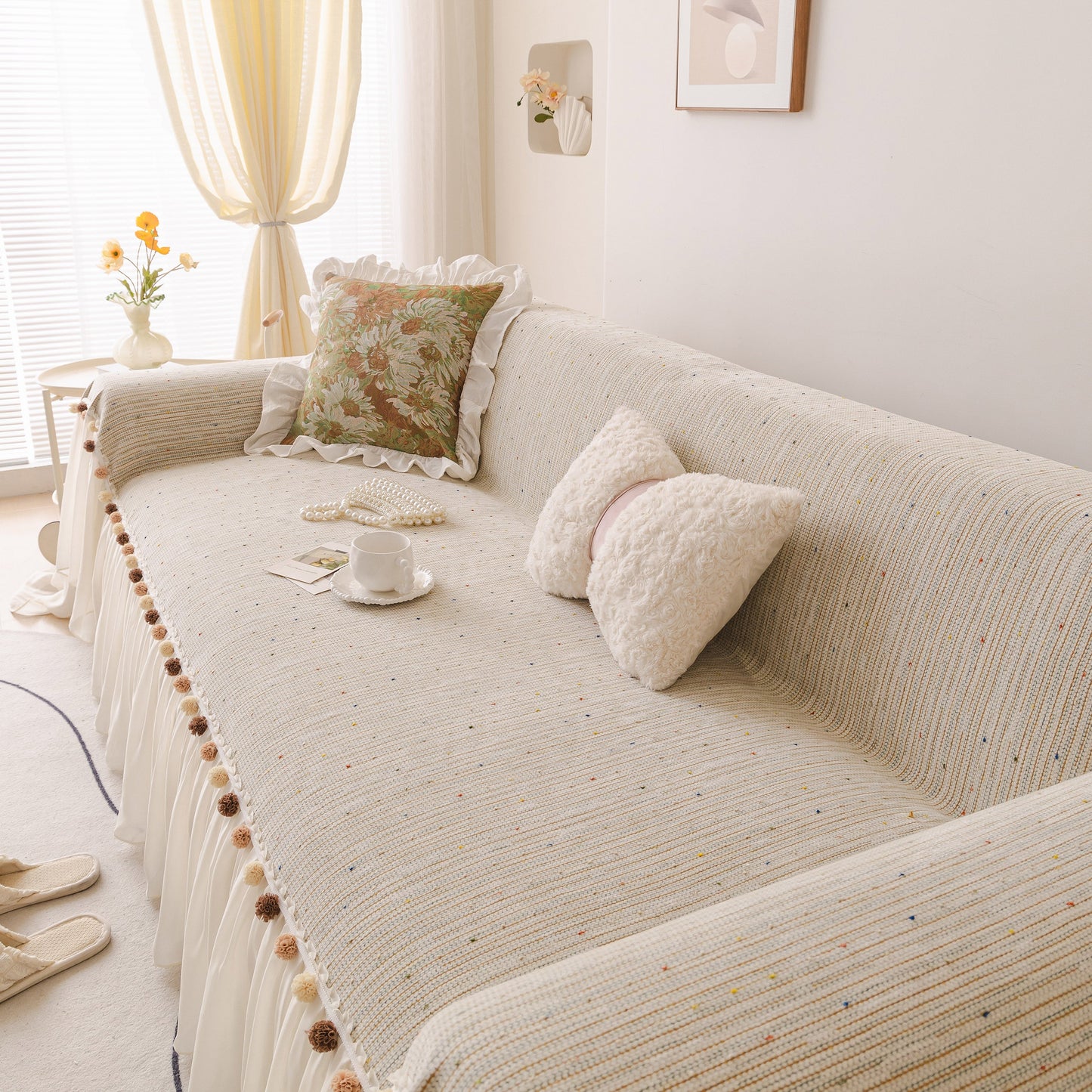 Boho Couch Cover with Knitted Stripes, Chiffon Skirt & Pom Fringe, Pet-Friendly Throw