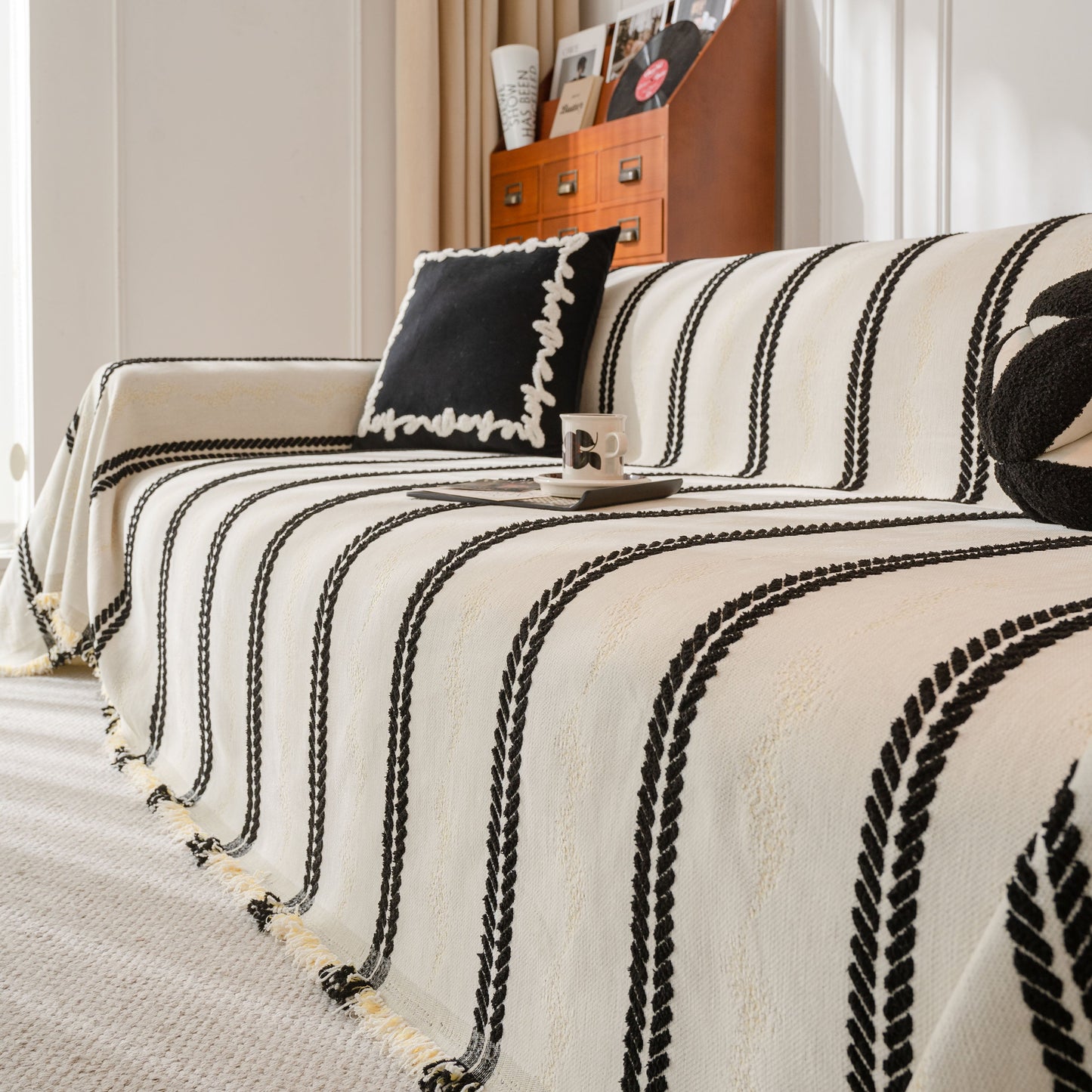 Boho Couch Throw Blanket with Textured Stripes, Sofa Cover for Living Room Decor