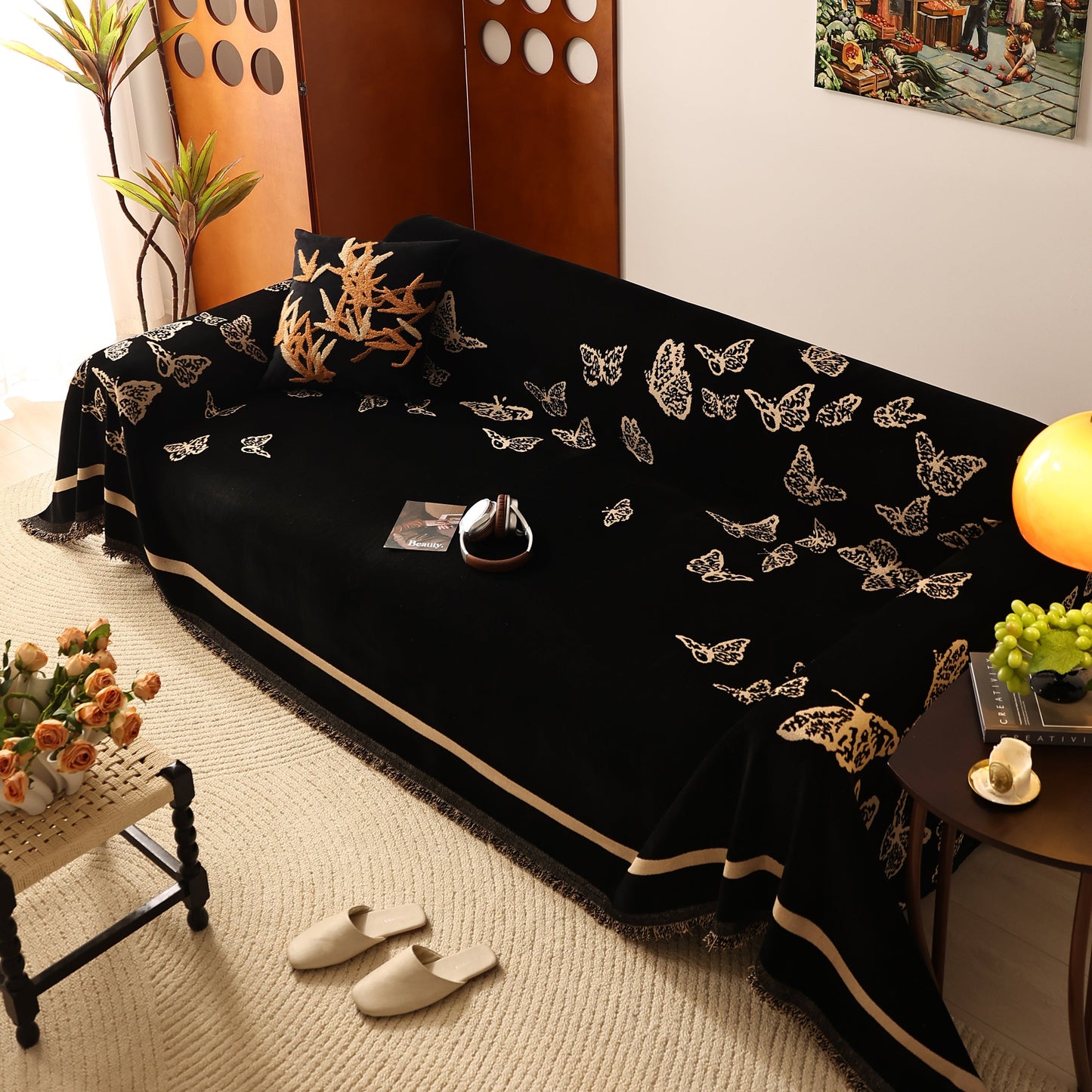 Butterfly Jacquard Soft Couch Blankets Cover for Couch Reversible Modern Sofa Slipcover Throw Covers