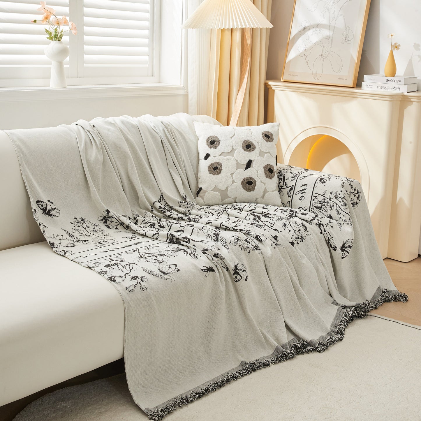 Chenille Butterfly Sofa Cover Blanket, L Shaped Couch Cover, Reversible Couch Protector