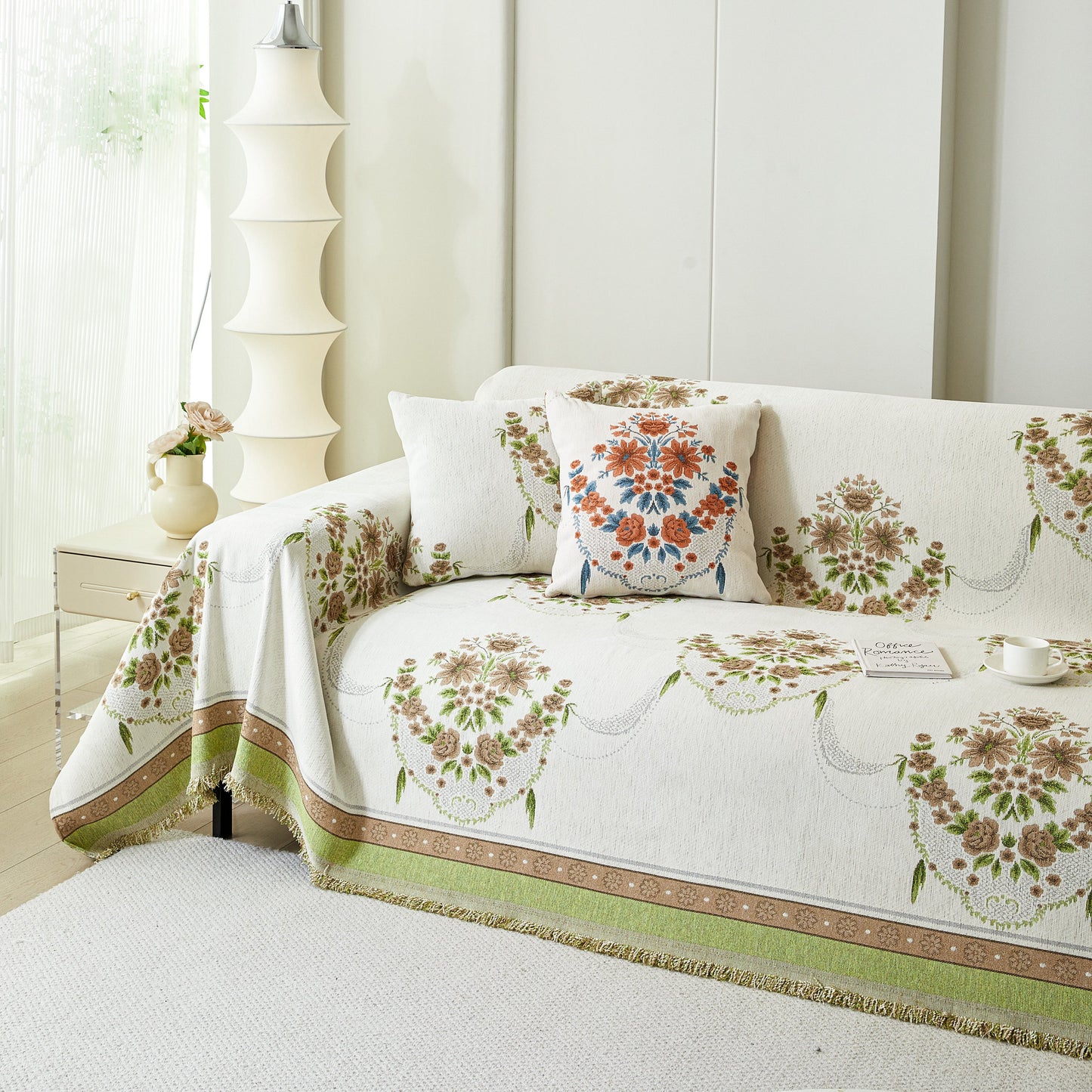 Charming French Country Floral Basket Sofa Throw Cover Rustic Farmhouse-Style Couch Cover Blankets