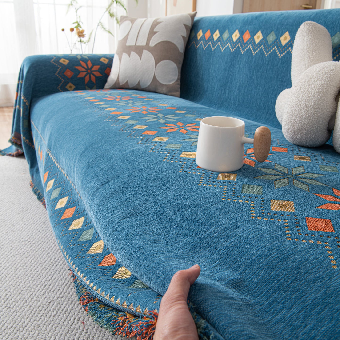 Bohemian Geometric Sofa Throw Cover, Cozy & Protective Ethnic-Inspired Couch Cover